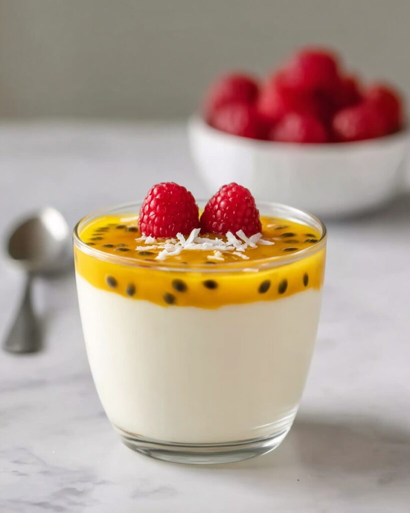 Passionfruit Panna Cotta with Whipped Cream, Raspberries, and Coconut Shavings Recipe