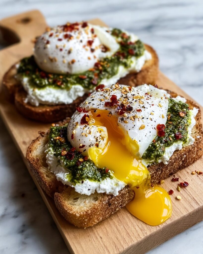 Ricotta Pesto Sourdough Toast with Poached Eggs Recipe