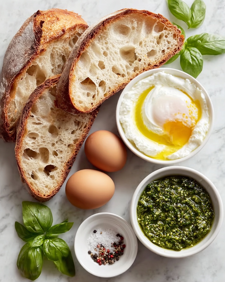 Two pieces of toasted bread are placed on a wooden board on a white marbled surface. Each toast has a base layer of white, crumbly cheese spread evenly. On top of the cheese, there are dollops of green pesto sauce spread mostly towards the edges. Placed on the cheese and pesto are two white poached eggs on each toast, with a smooth, glossy surface. One of the eggs on the bottom toast is slightly cracked, revealing runny yellow yolk underneath. Both toasts are sprinkled with red pepper flakes and cracked black pepper, adding texture and color contrast. The lighting highlights the textures, making the dish look fresh and inviting. photo taken with an iphone --ar 4:5 --v 7