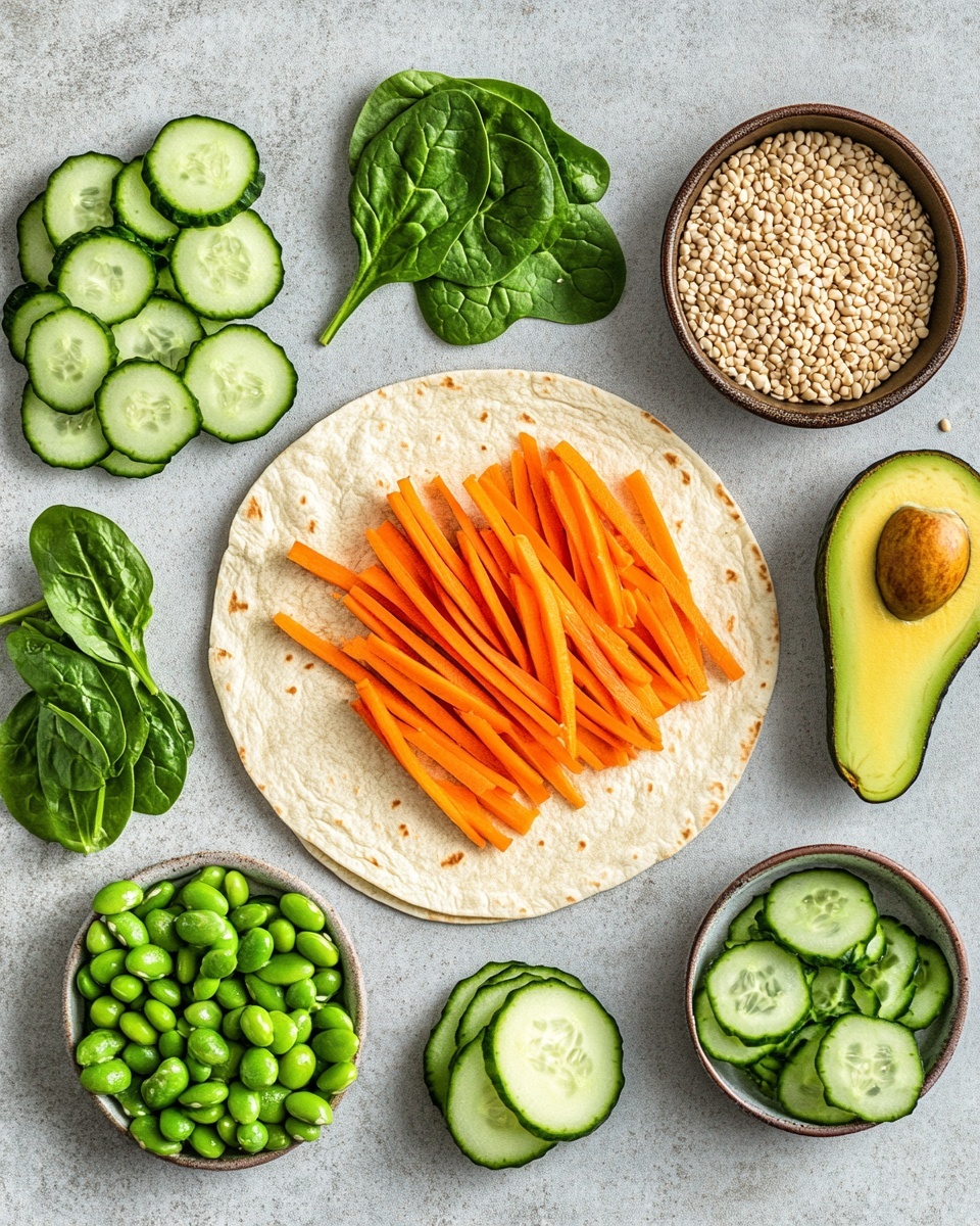 The image shows a close-up of two stacked wrap halves placed on a wooden surface, with a white marbled texture background subtly visible. The wrap is lightly toasted and golden, tightly rolled. Inside, there are several colorful layers: bright green leafy lettuce at the bottom, followed by thinly shredded orange carrots, sliced thin green chili peppers, and diced red onions mixed with creamy white sauce. On the side, a fresh curly green lettuce leaf is partially visible, adding a fresh touch to the scene. Photo taken with an iphone --ar 4:5 --v 7