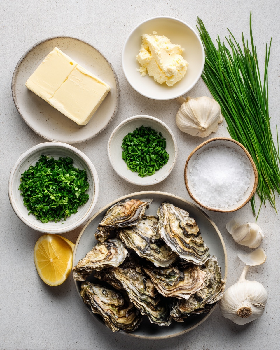 A white round plate holds twelve oyster shells arranged in a circular pattern, each shell filled with a textured green herb and garlic mixture mixed with a light oily sauce. The oyster shells have rough, dark brown edges and smooth off-white insides. Around the plate, there are lemon halves and a whole lemon with a bright yellow color, a sprig of fresh green parsley, two silver salt and pepper shakers, a clear glass of water with bubbles, and a fork resting on a black-and-white checkered napkin. The setup is on a white marble surface with subtle grey veins, creating a fresh and clean background. photo taken with an iphone --ar 4:5 --v 7