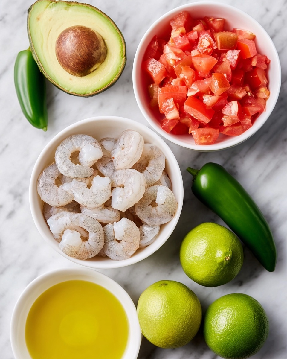 The image shows six main items placed on a white marbled surface: in the center bottom is a white bowl full of raw shrimp, pearly gray and semi-transparent with curved shapes; above it to the right is a white bowl with chopped red tomatoes, bright and juicy with a rough texture; to the left of the tomatoes is a shiny green jalapeño pepper with smooth skin; above shrimp to the left is a halved avocado with a large brown seed in the middle and bright green creamy flesh; to the right of the shrimp near the center edge sit two smooth, green limes with a slightly glossy texture; and below the limes is another white bowl containing golden yellow oil with a clear, glossy surface. photo taken with an iphone --ar 4:5 --v 7