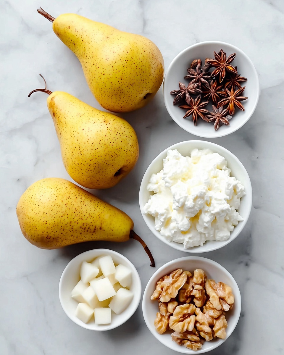 Four yellow poached pears with dark brown stems, each standing upright on a dollop of smooth white cream, are arranged on a silver plate with intricate edges. The pears are sprinkled with small chopped nuts, and two cinnamon sticks lie on the plate beside the pears. The plate is set on a white marbled surface with a soft pink cloth and two clear glasses with gold rims in the background. Photo taken with an iphone --ar 4:5 --v 7