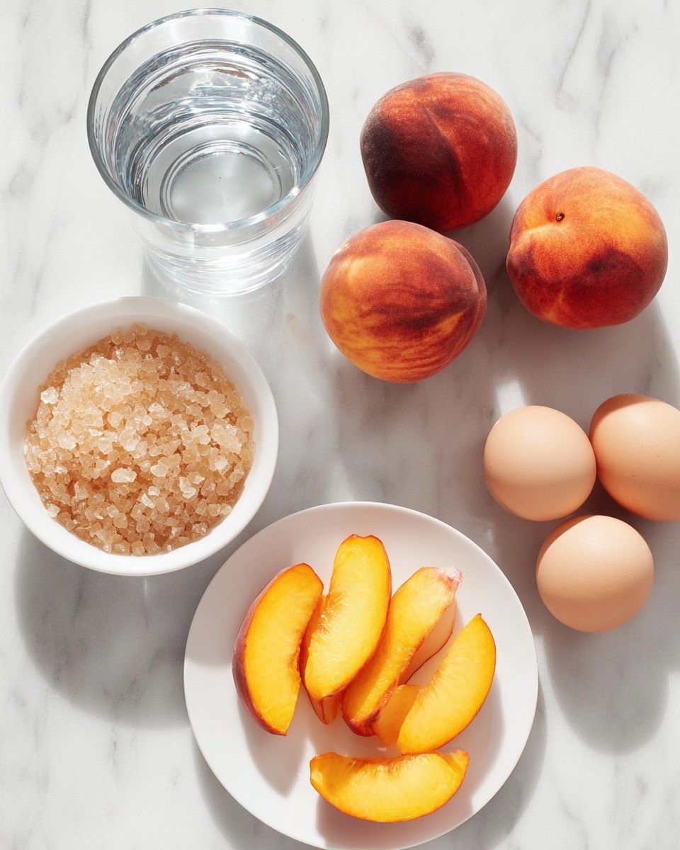 The image shows a white marbled surface with five food items arranged neatly. There is a clear glass of water with visible reflections near the top left. To the right of the glass, two whole peaches with red and orange skin sit side by side. Below the glass is a small white bowl filled with large, light brown sugar crystals. Next to the bowl, sliced peach wedges with bright yellow-orange flesh and reddish edges lie on a white plate. At the bottom right, there are four light brown eggs forming a loose cluster. The scene is bright and clean, with soft natural light highlighting the textures. photo taken with an iphone --ar 4:5 --v 7