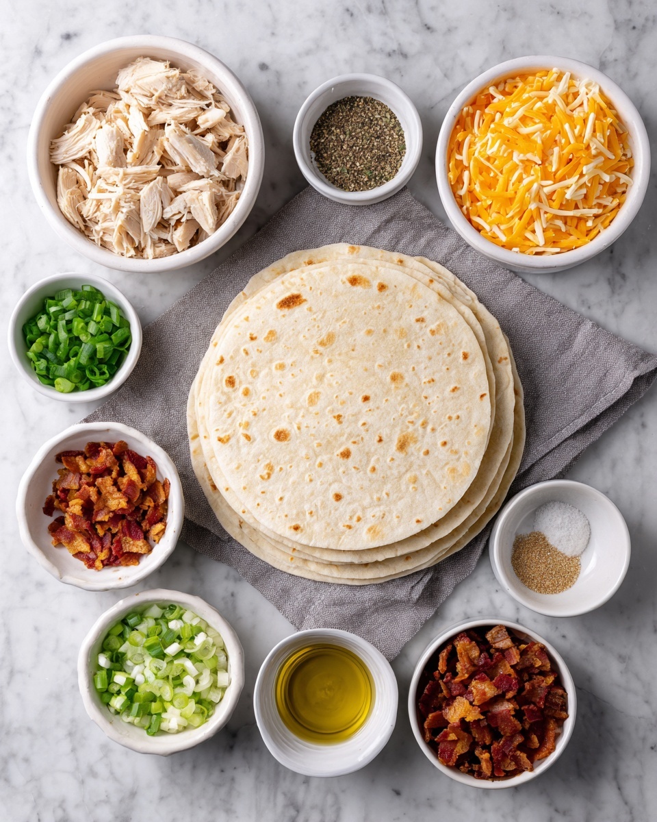 The image shows a collection of ingredients arranged on a white marbled surface. At the center is a stack of five round, light beige tortillas placed on a grey cloth napkin. Surrounding them in small white bowls are shredded cooked chicken with a light brown color, shredded white cheese, shredded orange cheese, chopped green onions, crispy bacon bits with red-brown tones, and a few bowls hold ground black pepper, salt, dried herbs, olive oil, and garlic powder. The ingredients are neatly placed in a loose circle to frame the tortillas, creating a balanced and organized layout. Photo taken with an iphone --ar 4:5 --v 7