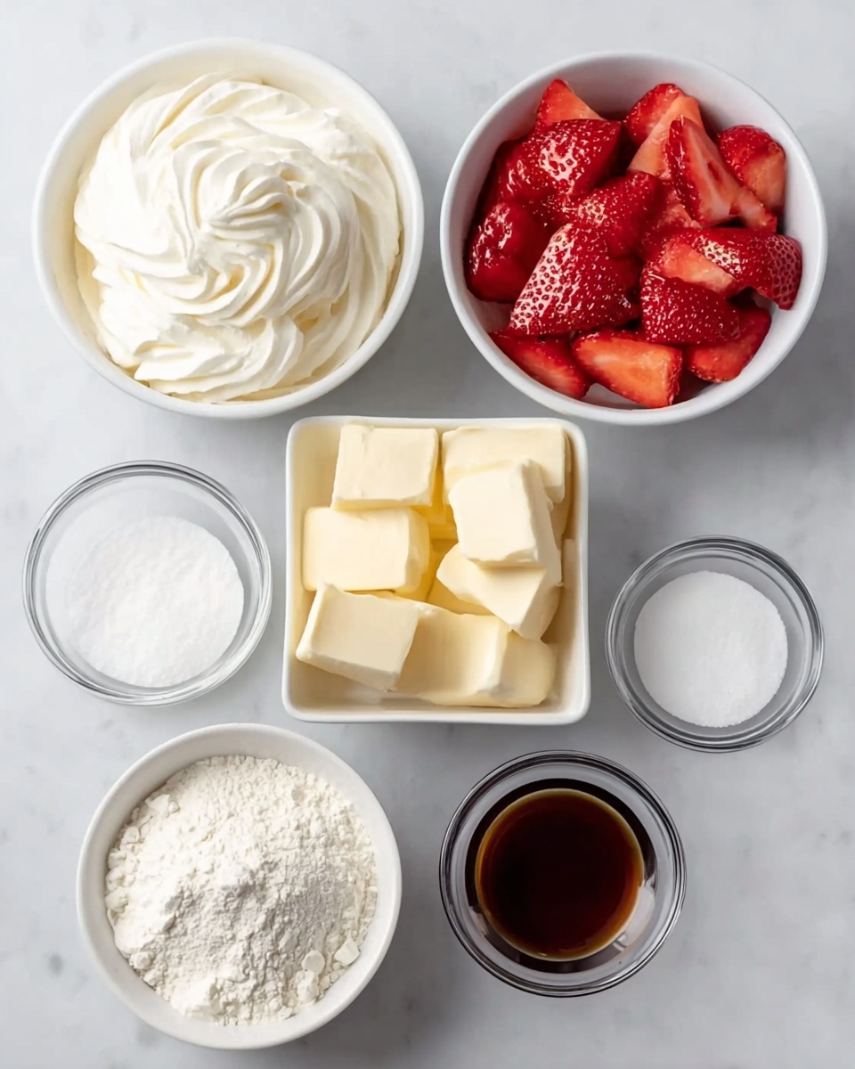 The image shows a tall strawberry shortcake on a white plate placed on a white marbled surface. The dessert has three main layers of light golden biscuit. The bottom biscuit layer is topped with a thick spread of white whipped cream, which holds a ring of bright red sliced strawberries that glisten with juice. Above the strawberries is another biscuit layer, followed by another thick layer of whipped cream with more sliced strawberries arranged on top. The top biscuit sits on this cream, crowned by a dollop of whipped cream and a whole, shiny red strawberry with its green leaves still on. There is a whole strawberry on the plate next to the shortcake and a blurred background featuring more stacked shortcakes and a white bowl filled with strawberries. The photo taken with an iphone --ar 4:5 --v 7