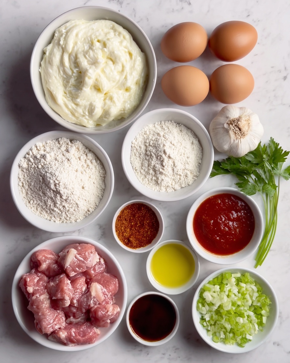 The image shows a white marbled surface with various cooking ingredients arranged neatly. Starting from the top left, there is a round white bowl filled with thick, creamy white mixture. To the right of this bowl, there are four brown eggs and two whole garlic bulbs. Below the eggs and garlic, a large white bowl is full of white flour, while to its bottom left, a smaller white bowl contains fine white powder. Underneath that, there is another small bowl with a reddish-brown spice powder. On the bottom left side, raw chunks of pink meat are placed directly on the surface. To the right of the meat, there are three small white bowls, containing light yellow oil, deep red sauce, and finely chopped pale green celery, respectively. A fresh green sprig of parsley lies to the right of the chopped celery. photo taken with an iphone --ar 4:5 --v 7