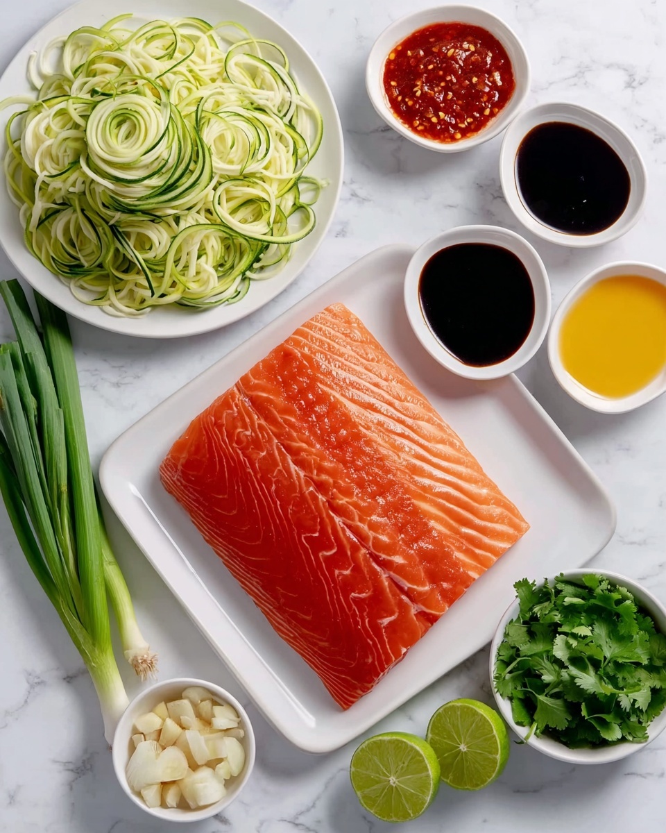 A fresh, thick slice of raw salmon with bright orange color and white marbling rests centered on a rectangular white plate. Above it, a round white plate holds a light green spiral of zucchini noodles with smooth, pale green and white texture. To the top right, three small round white bowls contain dark soy sauce, bright red chili sauce, and golden yellow oil, arranged from largest to smallest. At the bottom right, a small round white bowl holds fresh green cilantro leaves with rough texture. To the bottom left, a small round white bowl is filled with thin, pale sliced garlic. Nearby lies a bunch of vibrant green scallions with white bases and a halved green lime with a juicy, shiny interior. All these ingredients sit on a clean white marbled surface photo taken with an iphone --ar 4:5 --v 7