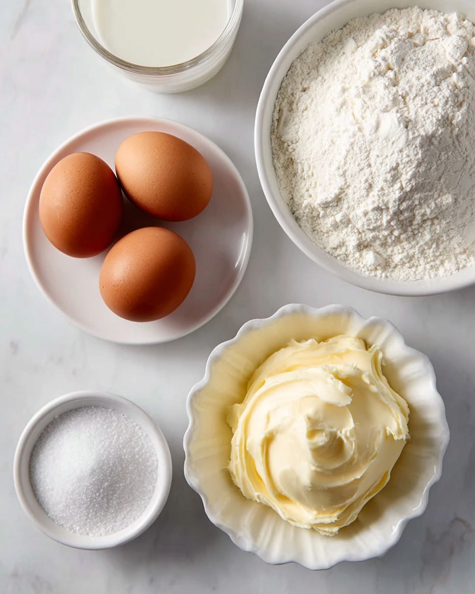 The image shows five main ingredients placed on a white marbled surface. In the center left, there is a white plate holding three brown eggs with smooth shells. To the top right, a white bowl filled with white flour showing a powdery, slightly clumpy texture. Below the flour is a white fluted bowl filled with soft, creamy yellow butter with visible smooth grooves. At the bottom left, a small white bowl contains fine white granulated sugar, and at the top left, part of a white plate with some liquid, likely milk, is visible. All items are arranged neatly with soft natural light. photo taken with an iphone --ar 4:5 --v 7