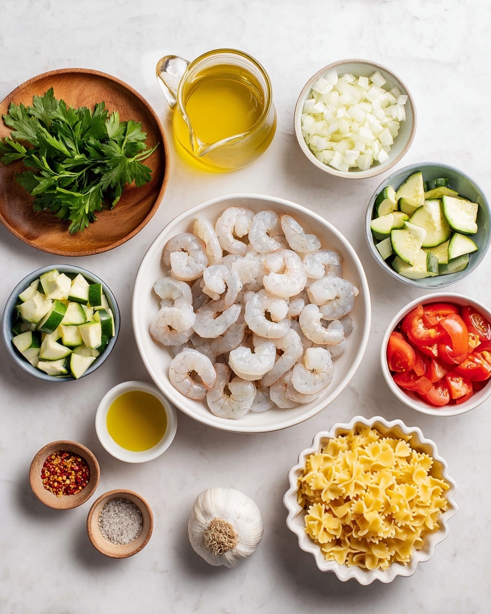 The image shows a white bowl in the center filled with peeled raw shrimp, light gray and curved in shape. Around it are nine containers with ingredients on a white marbled surface. To the top left, a wooden plate holds bright green fresh parsley leaves. Next to it is a clear glass jug with yellowish broth. Above the shrimp on the right side, there is a small white bowl with chopped white onions, a white bowl with sliced green zucchini, and a white bowl with chopped red tomatoes. Below those, to the right of the shrimp, sits a white bowl filled with yellow uncooked bowtie pasta. At the bottom right, there is a white scalloped small dish with red chili flakes and a small wooden bowl containing salt and pepper. At the bottom left, there is a white bowl holding a whole bulb of garlic and next to it, a very small white bowl with golden-yellow olive oil. All are arranged neatly on a clean white marbled surface, photo taken with an iphone --ar 4:5 --v 7