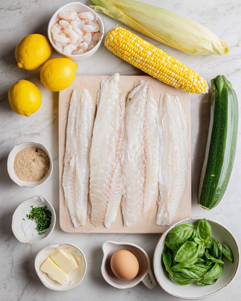 The image shows a beige cutting board with four long, white fish fillets laid out side by side, each displaying a smooth, slightly translucent texture with faint pinkish lines. Above the board, there is a green zucchini and a yellow and white ear of corn placed horizontally on a white marbled surface. To the left, two whole yellow lemons sit close together, and a white bowl filled with white crab meat rests near the top left corner. To the right of the board, a white bowl filled with light brown seasoning powder and a small glass bowl with white salt are visible. In the bottom left corner, a small white dish holds a stick of butter, while a small white bowl with green chopped herbs is nearby. Below the salt bowls, a white oval dish is filled with fresh green basil leaves. At the bottom center, a white measuring cup with a handle contains a clear liquid, and a single brown egg sits beside it. The overall scene is set on a white marbled surface with soft natural lighting. Photo taken with an iphone --ar 4:5 --v 7