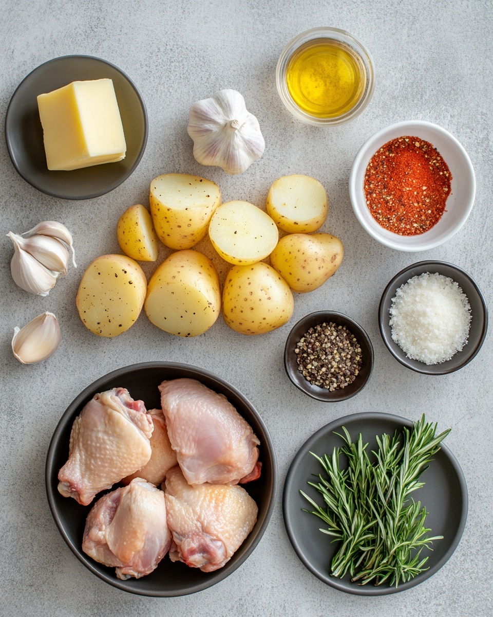 A black cast iron pan filled with five golden brown cooked chicken pieces with a crispy texture, sprinkled with herbs and garlic bits on top. Around the chicken pieces, there are several chunky, pale yellow roasted potato pieces with a slightly browned surface. Small green rosemary sprigs are placed on top and between the chicken and potatoes, adding fresh green accents. The dish sits on a white marbled surface, showing some juices pooling at the bottom of the pan. photo taken with an iphone --ar 4:5 --v 7