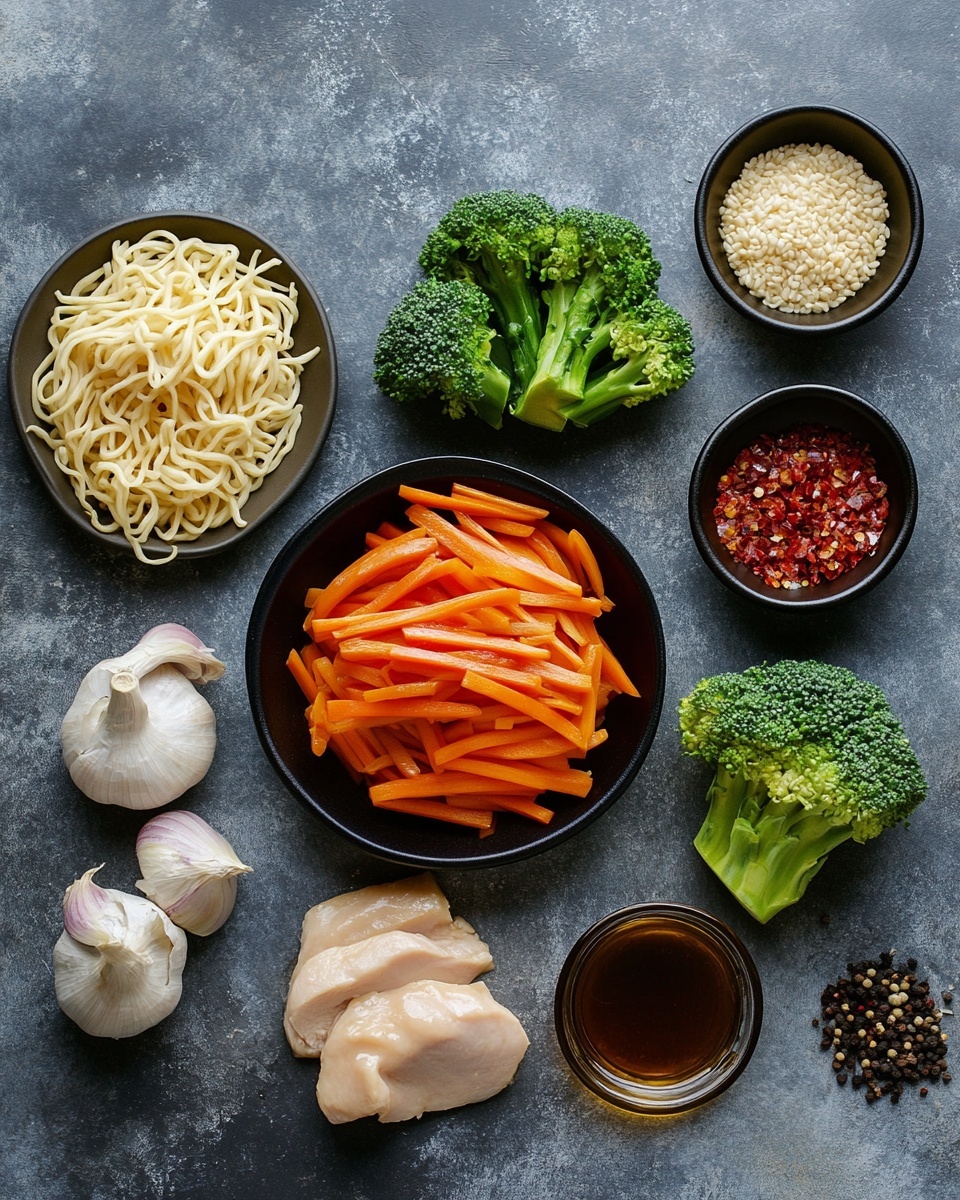 A white speckled bowl holds a dish of stir-fried noodles mixed with three layers of colorful vegetables and chicken pieces. The bottom layer is thick, golden-yellow noodles with a shiny, oily texture, twisted and piled across the bowl. On top, there are bright, crunchy vegetable slices including red bell pepper strips, green broccoli florets, and thin orange carrot strips, scattered evenly around. The third layer has light brown chicken pieces nestled among the noodles and vegetables, with white sesame seeds sprinkled generously over everything. The bowl sits on a white marbled surface. Photo taken with an iphone --ar 4:5 --v 7