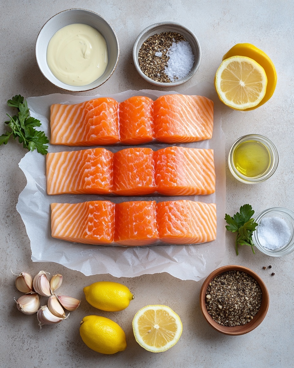 The image shows a thick piece of cooked salmon with a browned and slightly crispy top layer sprinkled with black pepper and small green herb bits. It rests on a bed of thin yellow lemon slices with a shiny buttery sauce pooling around them. The salmon lies on crinkled silver foil that frames the dish. A silver fork is lifting a small, flaky piece from the bottom right of the salmon. The background is a white marbled surface. photo taken with an iphone --ar 4:5 --v 7