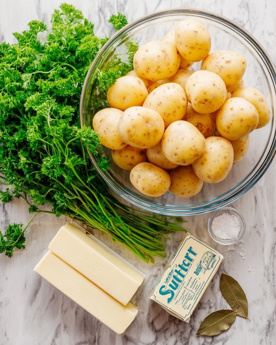 A clear glass bowl filled with many small yellow potatoes sits on a white marbled surface next to two sticks of butter wrapped in packaging and a small, round clear container with salt and a bay leaf inside. Beside these, there is a bunch of fresh green parsley with curly leaves and stems. The photo taken with an iphone --ar 4:5 --v 7