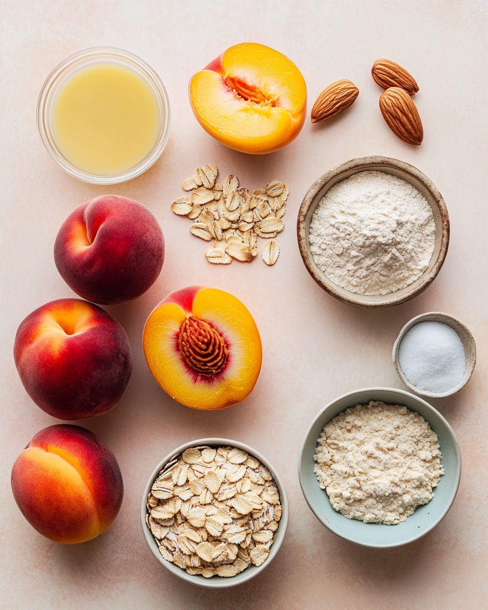 A white plate with small colorful floral patterns on the edges holds a serving of peach crisp with visible soft orange and red peach slices at the bottom, covered by a light brown crumbly oat topping layer. On top of the crisp, there is a single round scoop of creamy white vanilla ice cream melting slightly. In the background, a white baking dish filled with more peach crisp shows thick peach filling under a golden brown crumb topping. Whole peaches and peach slices are placed on the white marbled surface surrounding the plate, along with a pink cloth and a gold spoon. Photo taken with an iphone --ar 4:5 --v 7