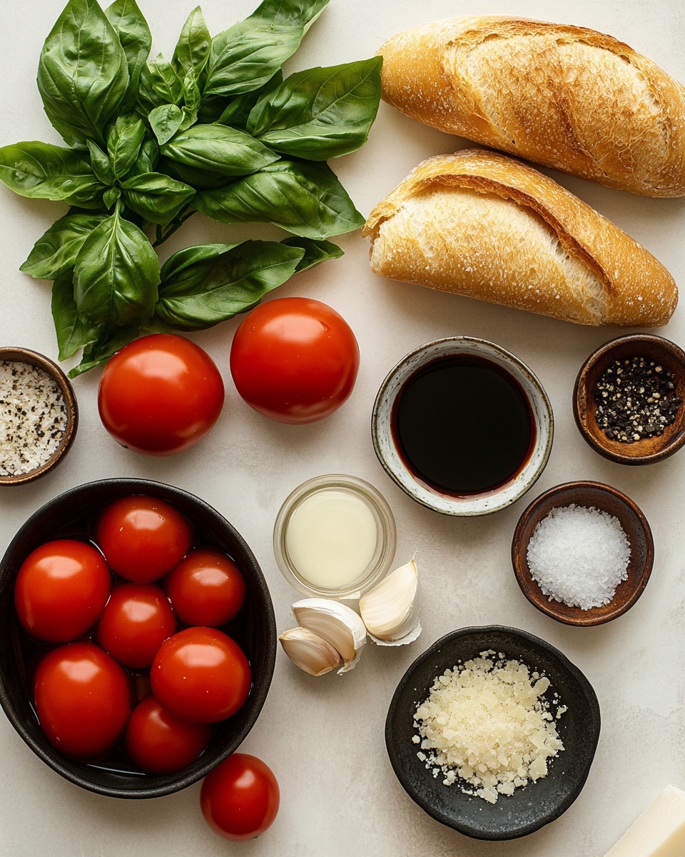 Three pieces of toasted bread sit on a white plate with a white marbled texture surface. Each bread slice is golden brown with grill marks and slightly crispy edges. On top, there is a colorful mix of diced yellow and red tomatoes, small bits of green basil leaves, and a light drizzle of oil, creating a fresh, juicy layer. The tomatoes are vibrant with shiny textures, and the basil adds a contrasting green color finely placed over the tomato pieces. Photo taken with an iphone --ar 4:5 --v 7