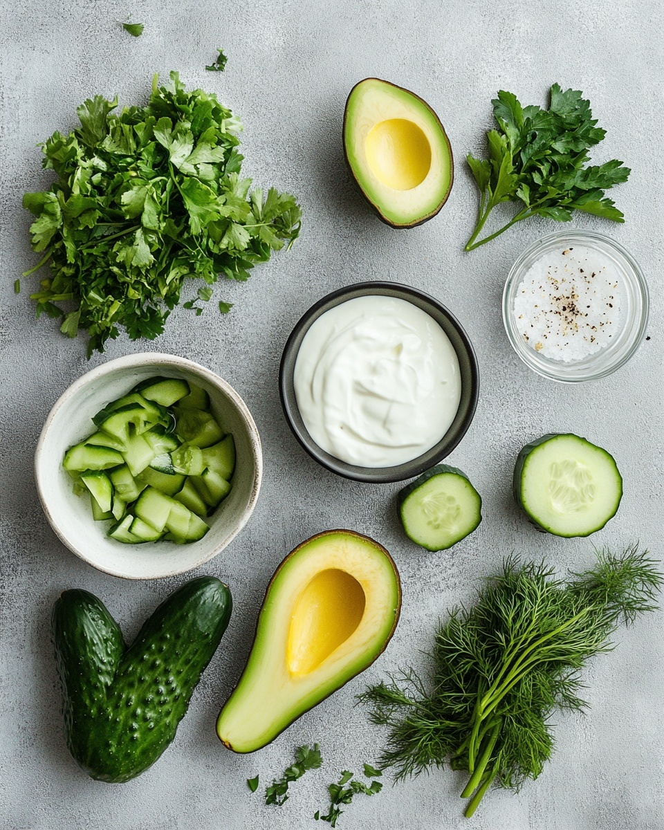 A large white bowl filled with a fresh salad made in five distinct sections. Starting from the top left, thin slices of avocado are layered rich green with a smooth texture. Below the avocado is a layer of finely shredded pale green cabbage. Next to the avocado, diced light green cucumber pieces create a crisp texture, spread across the next section. To the right of the cucumber, chopped dark green leafy spinach fills the bowl. Finally, on the far right, there are small curved slices of bright green scallion rings. White crumbled cheese is sprinkled evenly across the salad with a few red chili flakes and black pepper visible on top. The bowl sits on a white marbled surface with some cucumber pieces and a green sauce jar nearby. Photo taken with an iphone --ar 4:5 --v 7