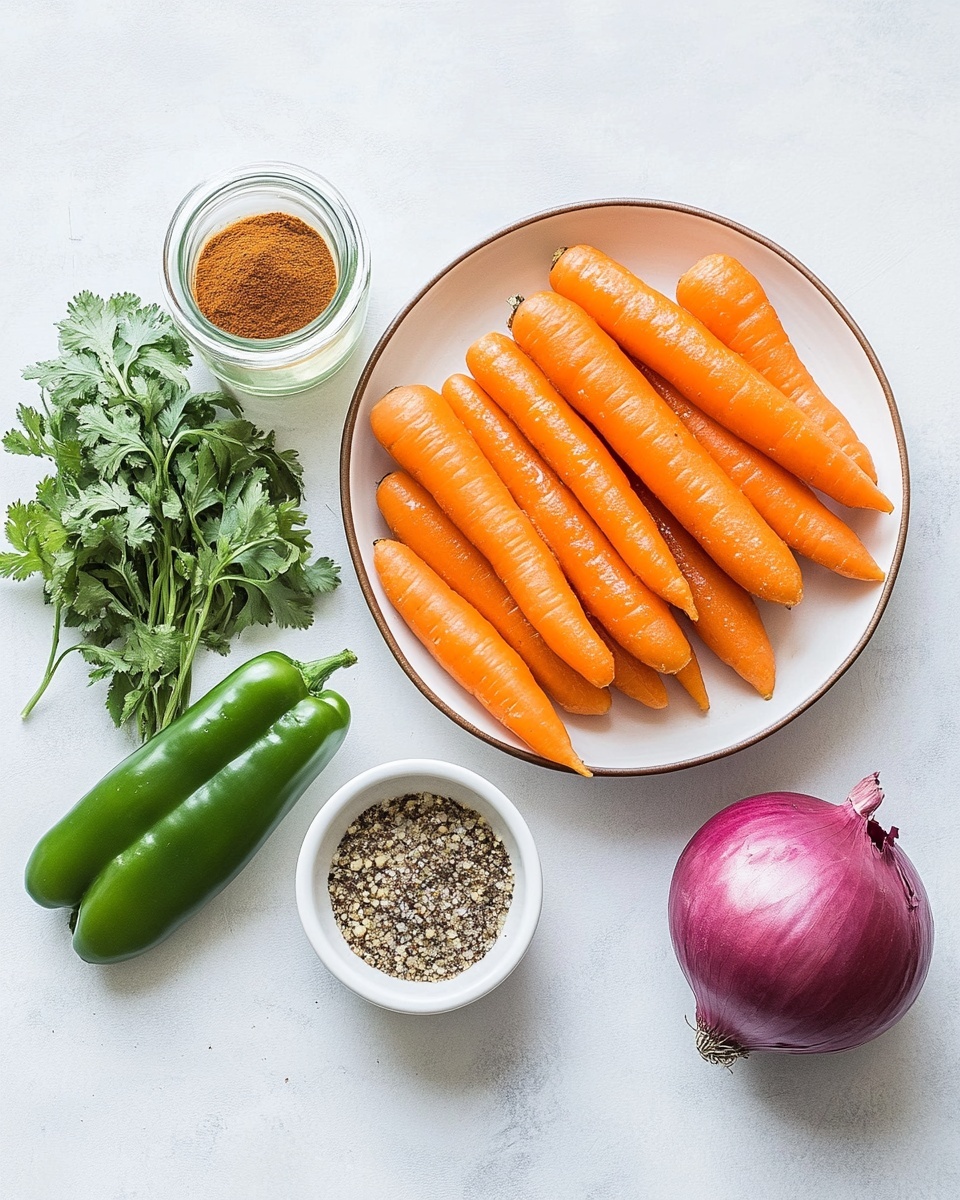 A clear round glass bowl is filled with a colorful mixture of thinly sliced orange carrots, translucent pinkish-red onion strips, and green jalapeño slices, all soaked in a light orange liquid speckled with black pepper and herbs. The bright orange carrots and pink onions swirl together, contrasting with the green jalapeños scattered evenly throughout. The bowl sits on a white marbled surface. photo taken with an iphone --ar 4:5 --v 7