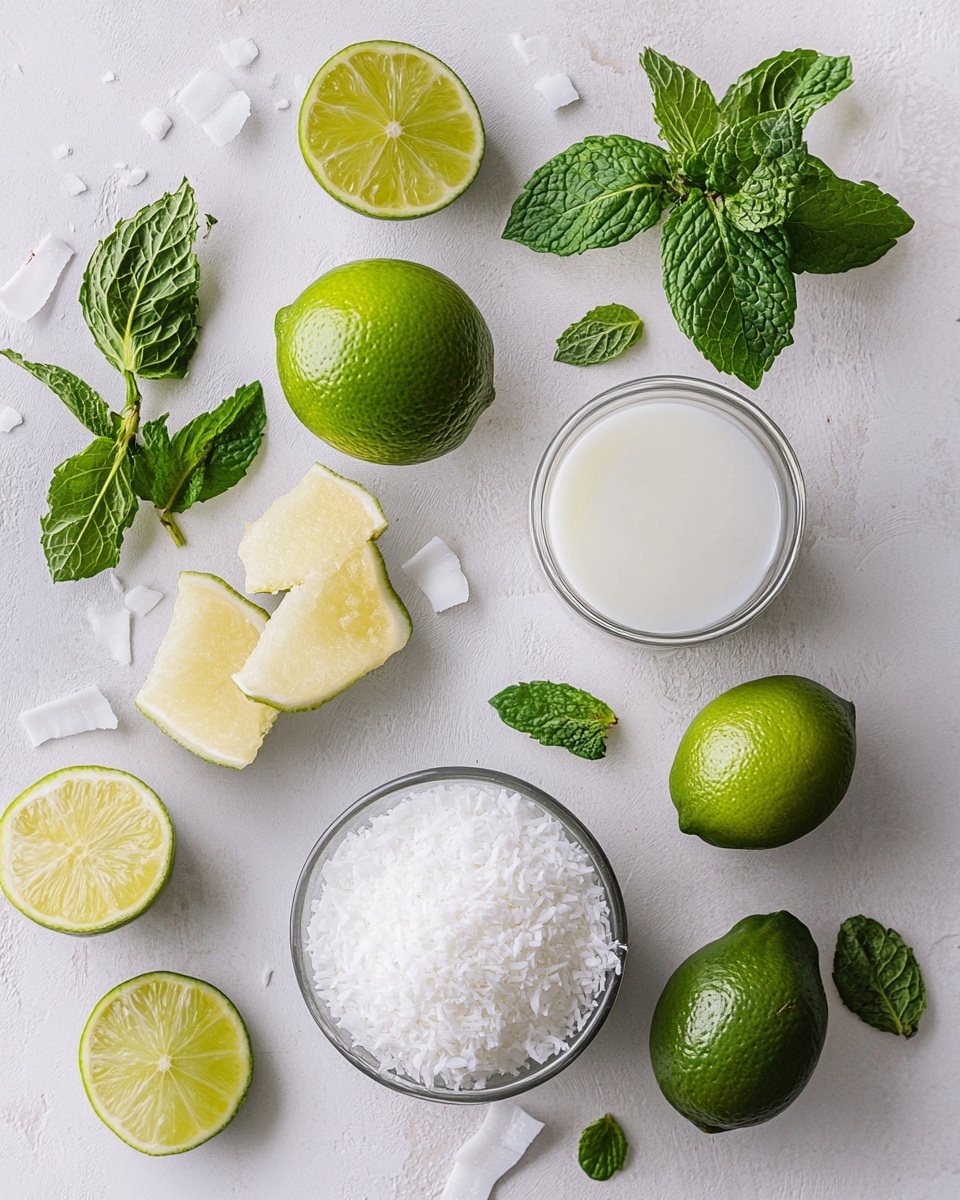 Two white frosted glasses are filled with a thick, white beverage showing a smooth and creamy texture on top. Each glass is topped with a small amount of white flakes and a fresh green mint leaf, placed slightly to the side. In the background, a white bowl holds a half lime with white flakes scattered around it, along with whole and sliced limes spread around on a white marbled surface. The lighting is bright and soft, casting gentle shadows. Photo taken with an iphone --ar 4:5 --v 7