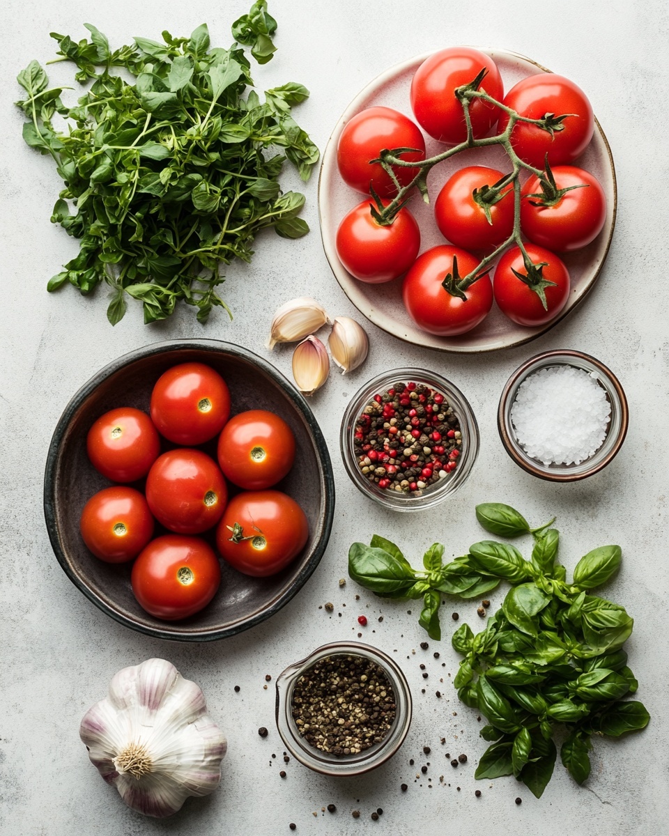 A white bowl filled with one layer of round red tomato slices topped with finely chopped green herbs and small pieces of red onion mixed with a light dressing that gives a shiny texture to the tomatoes; positioned on a white marbled surface with two halves of a red tomato placed near the bowl, along with scattered green leaves and herbs around it, plus a white cloth partially visible at the bottom; photo taken with an iphone --ar 4:5 --v 7