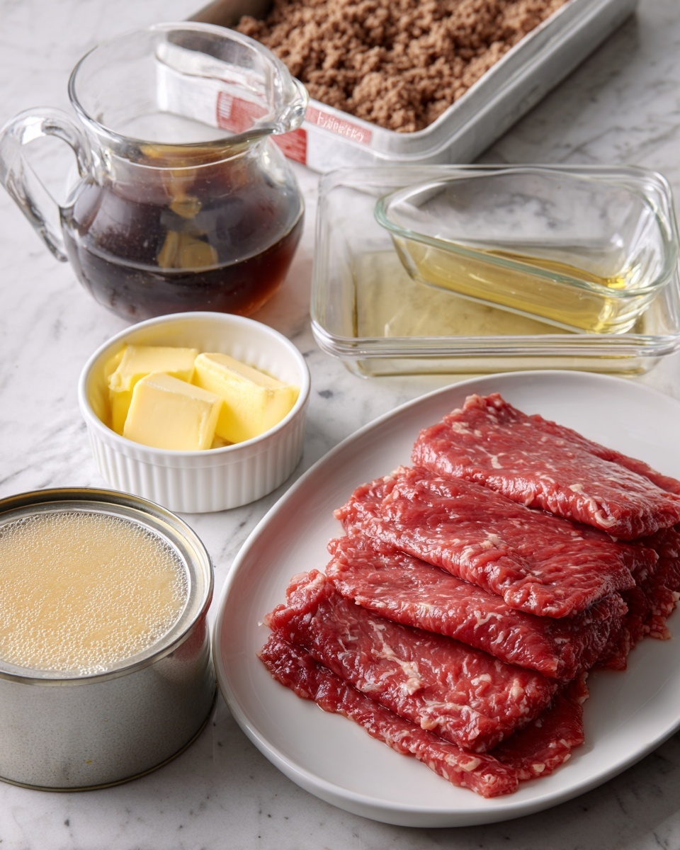 The image shows ingredients for making a dish arranged on a white marbled surface. In the front left is a white plate with several thin, red raw meat slices neatly stacked in two layers. To the right of the plate is a small white ramekin filled with melted yellow butter, showing a smooth and slightly bubbled texture. Next to the ramekin is an open can filled with a beige creamy sauce with dark bits mixed in. Behind these, there is a glass jug with dark brown liquid, likely broth or gravy, and a box of dry seasoning mix with an image of crushed crumbs on it. Two clear glass baking dishes with a shiny layer of melted butter or grease are placed in the background. photo taken with an iphone --ar 4:5 --v 7