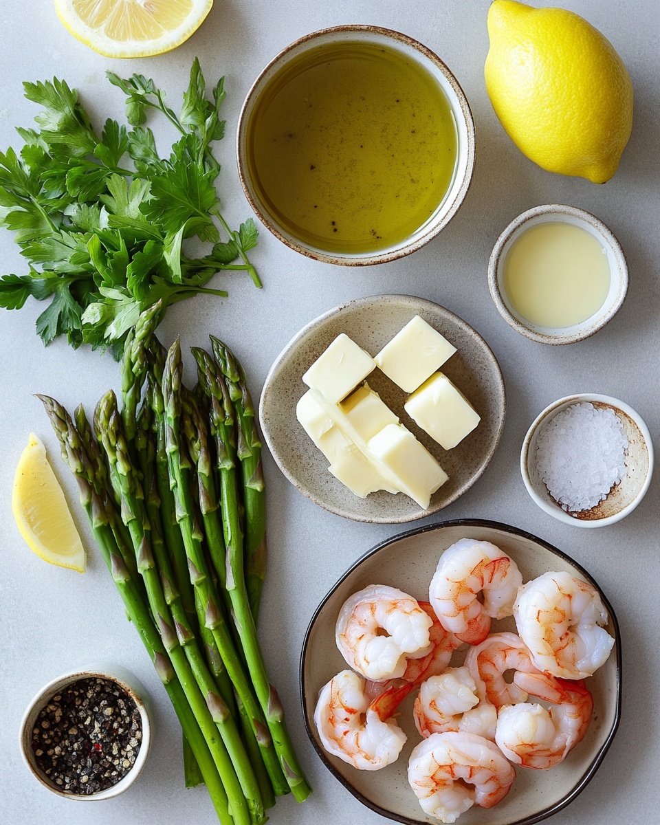 The image shows a close-up view of grilled shrimp and asparagus on a white marbled surface. There are two main layers: the first layer is bright green asparagus spears with a slightly shiny and charred texture placed to the left. The second layer is a group of golden brown shrimp with slight grill marks and curled shapes, spread on the right side. The shrimp are topped with small bits of green herbs and black pepper. On the top right corner, there are two thin lemon slices adding a yellow color contrast. The overall look is fresh and well-cooked, with a warm and appetizing feel photo taken with an iphone --ar 4:5 --v 7