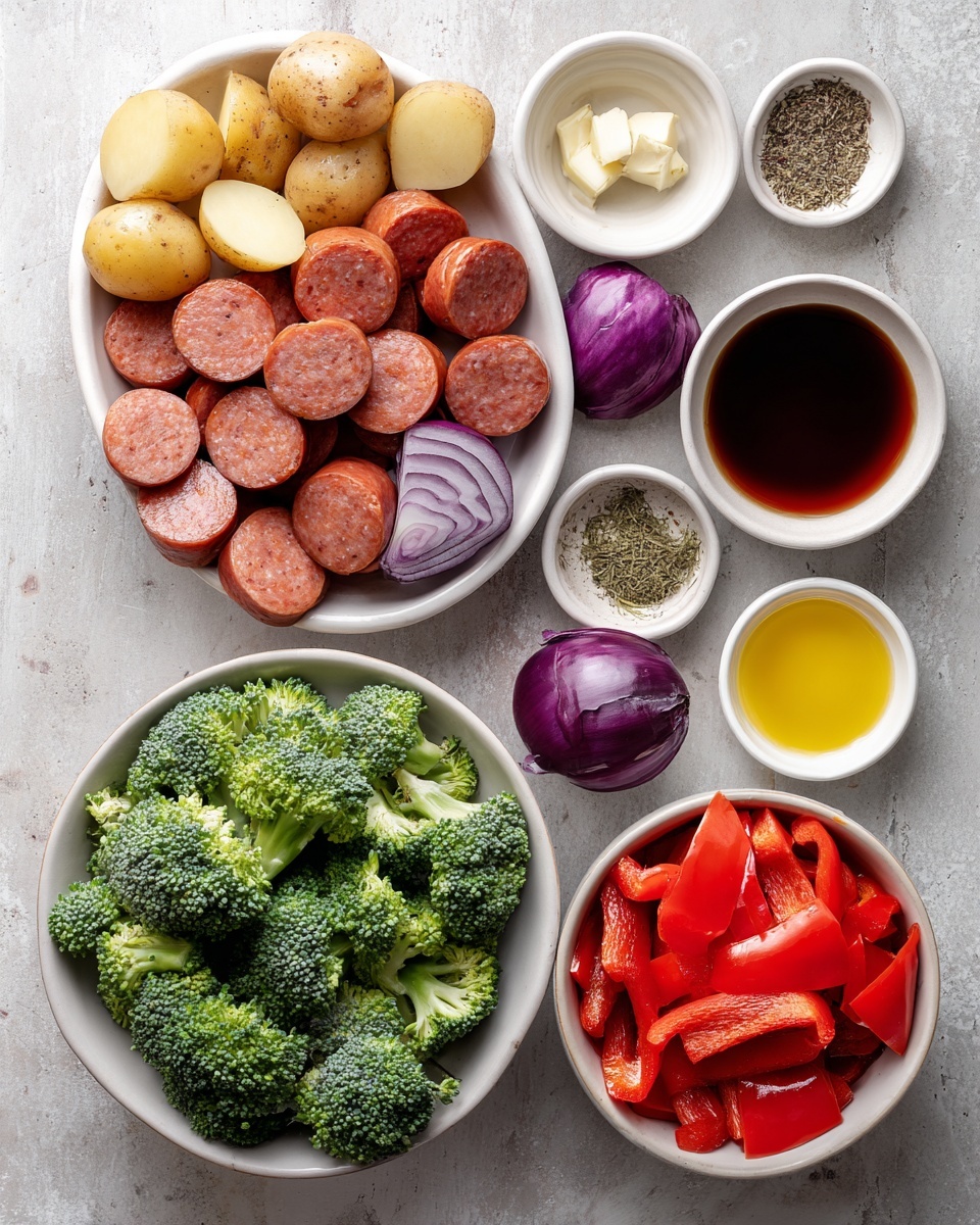 The image shows a white bowl filled with cooked baby carrots, round baby potatoes, broccoli florets, and sliced sausage pieces. The carrots are bright orange and slightly shiny, scattered throughout the bowl. The baby potatoes are golden brown with a soft texture and occupy the middle and edges of the bowl. The broccoli is deep green, small, and placed between the other ingredients. The sausage slices are dark reddish-brown, round, and evenly spread on top. The whole dish is sprinkled with small green herbs, giving a fresh look. The bowl sits on a white marbled surface. photo taken with an iphone --ar 4:5 --v 7