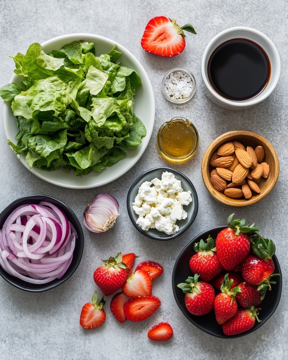 A large white bowl filled with fresh green mixed leafy salad as the base layer, topped with bright red halved strawberries spread evenly across the salad. Thin slices of light purple onion are scattered on top, along with light beige almond slices. Small white crumbles of cheese are sprinkled around the bowl. The bowl is set on a white marbled surface with a woman's hand holding a white plate with more almond slices and onion slices nearby. Photo taken with an iphone --ar 4:5 --v 7
