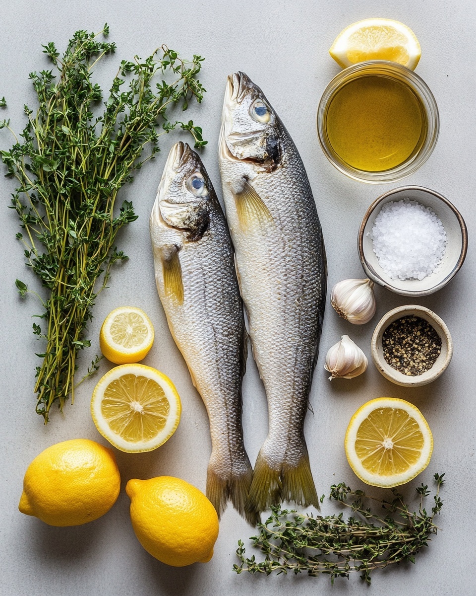 Two whole cooked fish with light golden-brown skin and visible scales lie side by side on a white baking tray. Each fish has three diagonal cuts on the top and is seasoned with black pepper. Under and around the fish are thin yellow lemon slices, some lightly charred, and some green herbs peeking through the lemon. The tray rests on a white marbled surface, and the photo is bright and clean. Photo taken with an iphone --ar 4:5 --v 7