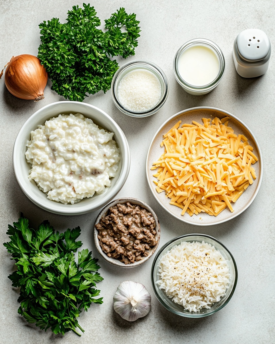 A white bowl filled with a mixture of cooked rice and ground beef, creating a textured layer of light brown rice grains mixed with small chunks of dark brown beef. Melted yellow cheese is drizzled over the top, adding a glossy look, and fresh chopped green herbs are sprinkled evenly, giving a fresh contrast. The bowl is placed on a white marbled surface, with a gold fork positioned nearby and a beige cloth partially visible in the background. Photo taken with an iphone --ar 4:5 --v 7