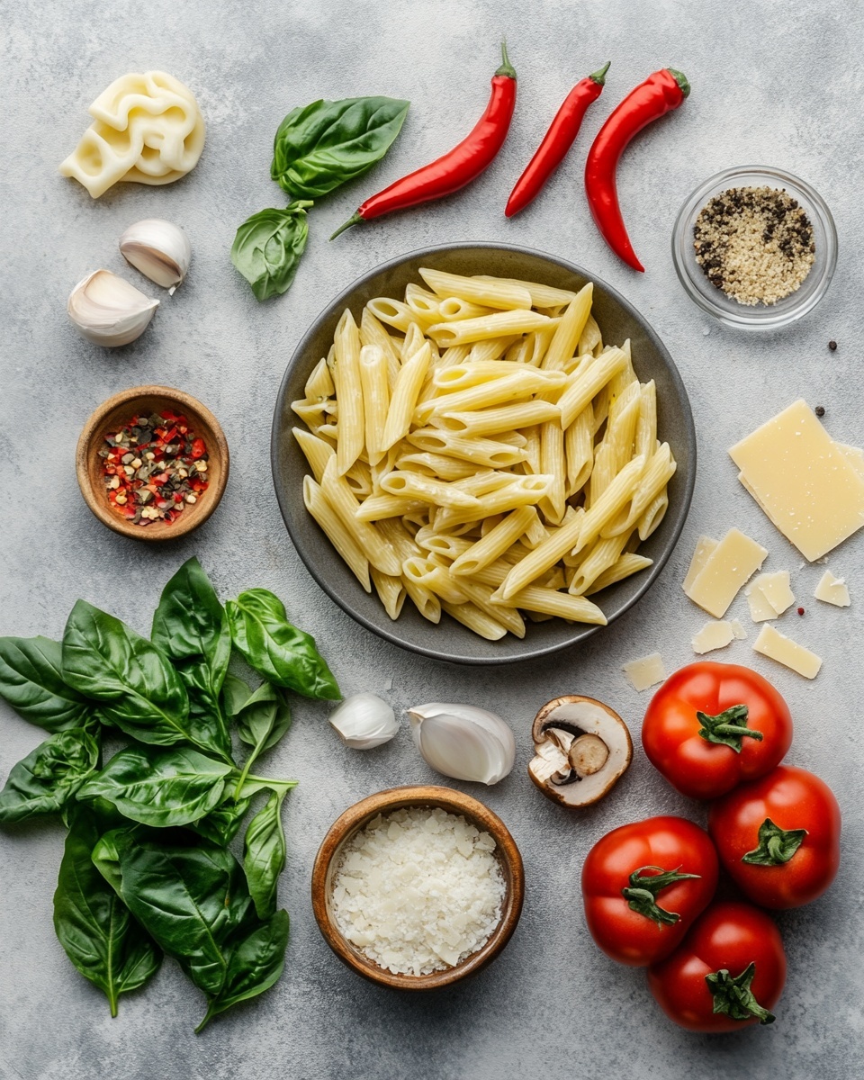 A white speckled plate holds a layered baked pasta dish where the base consists of tubular pasta in a creamy orange sauce mixed with pieces of red bell pepper and green zucchini slices scattered throughout. On top, slightly browned melted cheese covers most of the pasta, with more visible roasted mushrooms and small bits of green herbs sprinkled. A fresh green basil leaf is placed in the center as a garnish. A silver fork rests at the bottom right of the plate on the white marbled surface. photo taken with an iphone --ar 4:5 --v 7