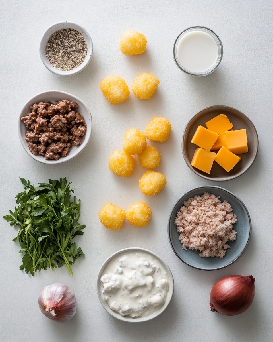 A white oval baking dish filled with three layers: the bottom layer is cooked ground beef with a crumbly, moist texture in a dark brown color, the middle layer is melted bright orange cheddar cheese melting over the beef and tater tots, and the top layer has golden brown tater tots arranged closely to cover the whole surface. Some pieces of chopped green onions are sprinkled on top. Part of the dish is scooped out showing the layers inside. The dish sits on a table with a white marbled texture surface and soft natural light coming from one side. Photo taken with an iphone --ar 4:5 --v 7