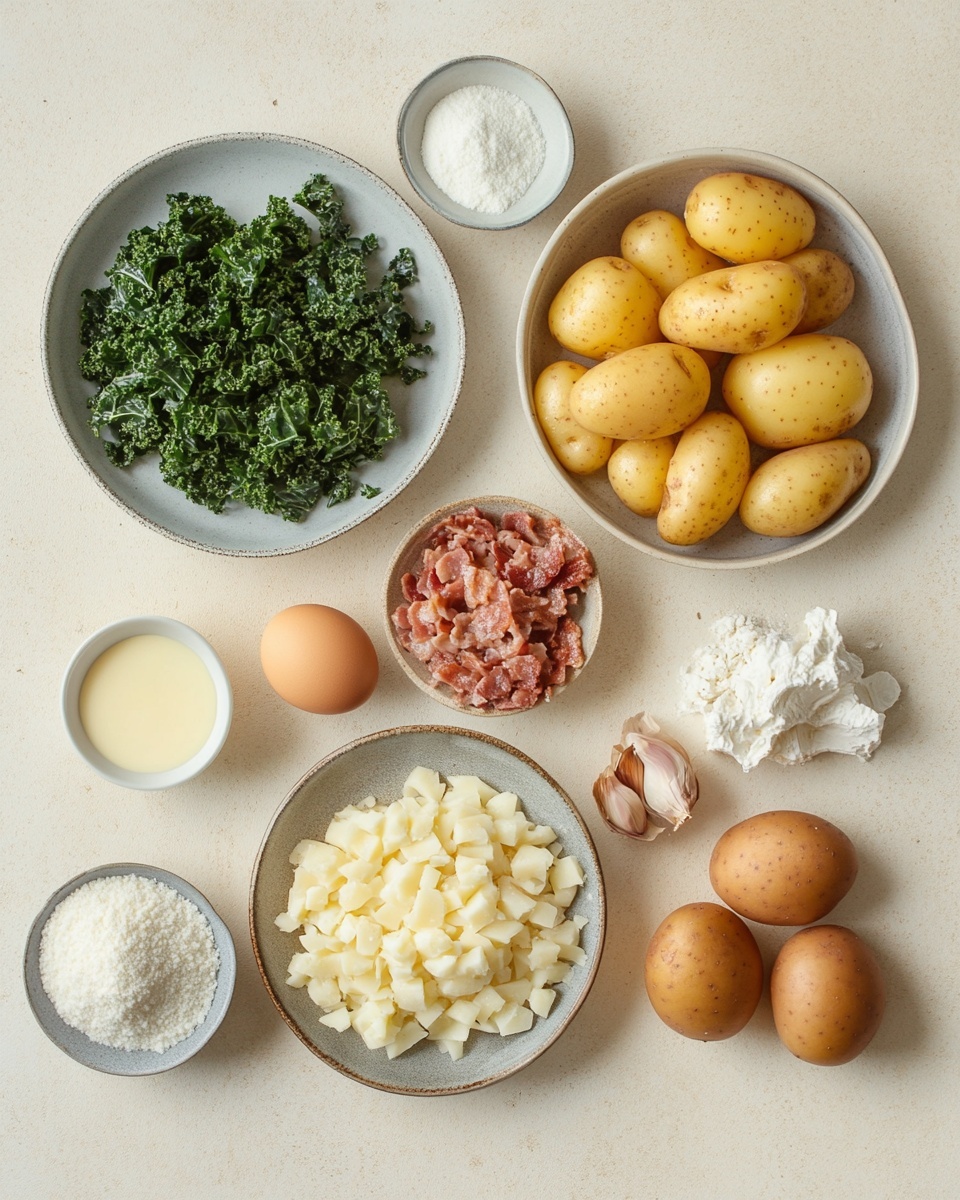 The dish on a white plate shows layered thin potato slices with golden-brown edges, mixed with small crumbles of cooked meat and dark green leafy kale. The top layer is covered with melted cheese that is slightly browned and bubbly. On the side of the plate, there is a golden-brown breadstick resting next to the layered dish. The whole plate is set on a white marbled surface with a red and white striped cloth visible in the background photo taken with an iphone --ar 4:5 --v 7