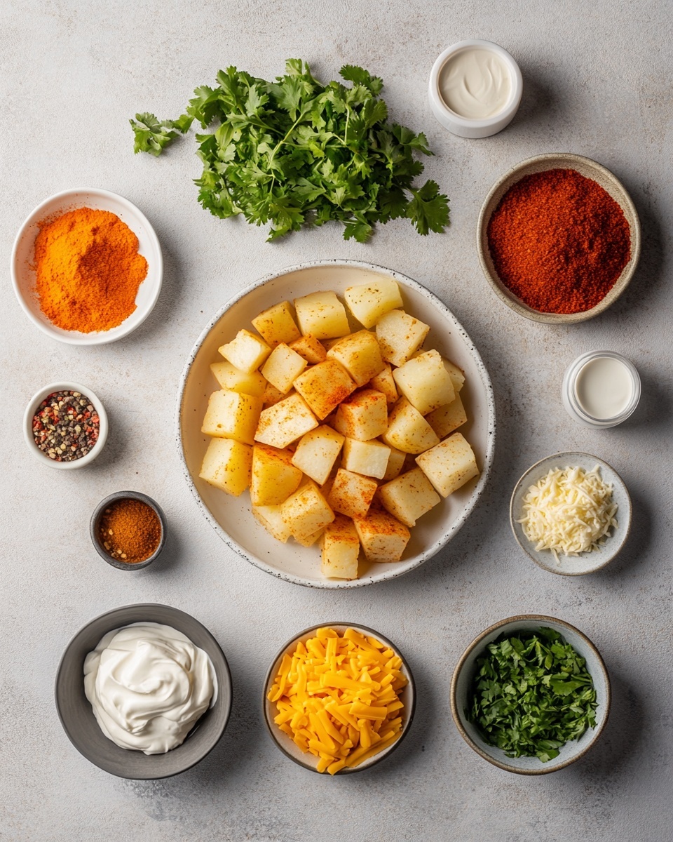 The dish shows a white bowl filled with crispy, golden brown potato chunks as the base layer. On top of the potatoes is a layer of brown, seasoned ground meat mixed with small red and green bits. This is covered by a layer of melted yellow cheddar cheese that spills over the potatoes. In the center sits a dollop of white sour cream garnished with finely chopped green herbs and scallions scattered over the entire dish. The bowl is placed on a textured fabric with red, blue, and white stripes, all set on a white marbled surface. Photo taken with an iphone --ar 4:5 --v 7