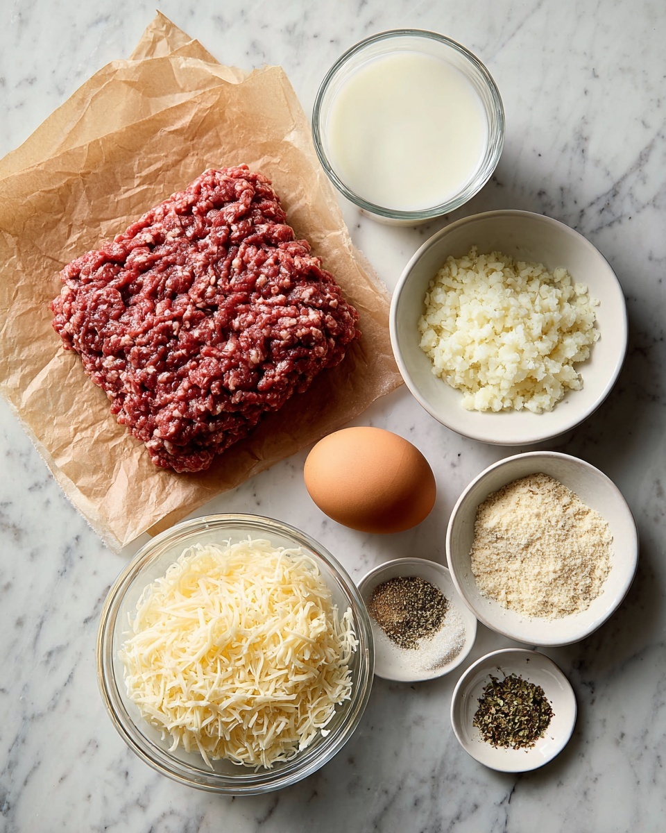 The image shows six ingredients arranged on a white marbled surface. In the center-left, there is a large rectangle of raw red ground meat placed on brown crumpled parchment paper. Above the meat, a clear glass bowl holds white milk, and to its right, a small white bowl contains finely chopped white onions. Below the onions, a larger white bowl is filled with light beige breadcrumbs. To the bottom right of the meat, a single whole brown egg rests next to a small white dish divided into four sections with different seasonings: black pepper, salt, dried herbs, and garlic powder. Below the seasonings, a clear glass bowl contains pale grated cheese. photo taken with an iphone --ar 4:5 --v 7