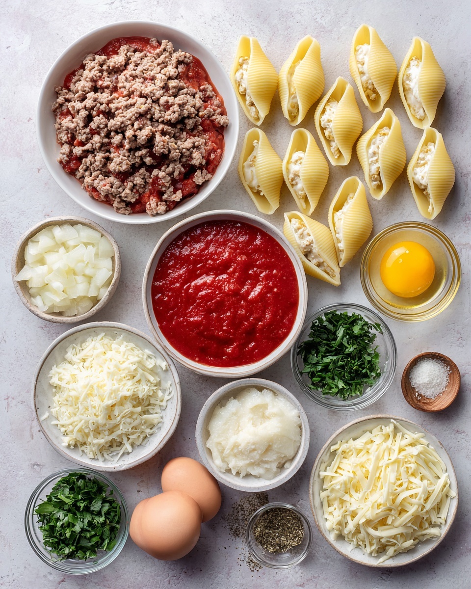 A white baking dish holds large yellow pasta shells stuffed with a brown meat sauce, topped with melted white cheese. The shells are arranged closely in rows, each shell with a rough-textured filling peeking out from the top and sprinkled with small green herb pieces. A red tomato sauce spreads around the shells at the bottom of the dish. The dish sits on a white marbled surface. photo taken with an iphone --ar 4:5 --v 7