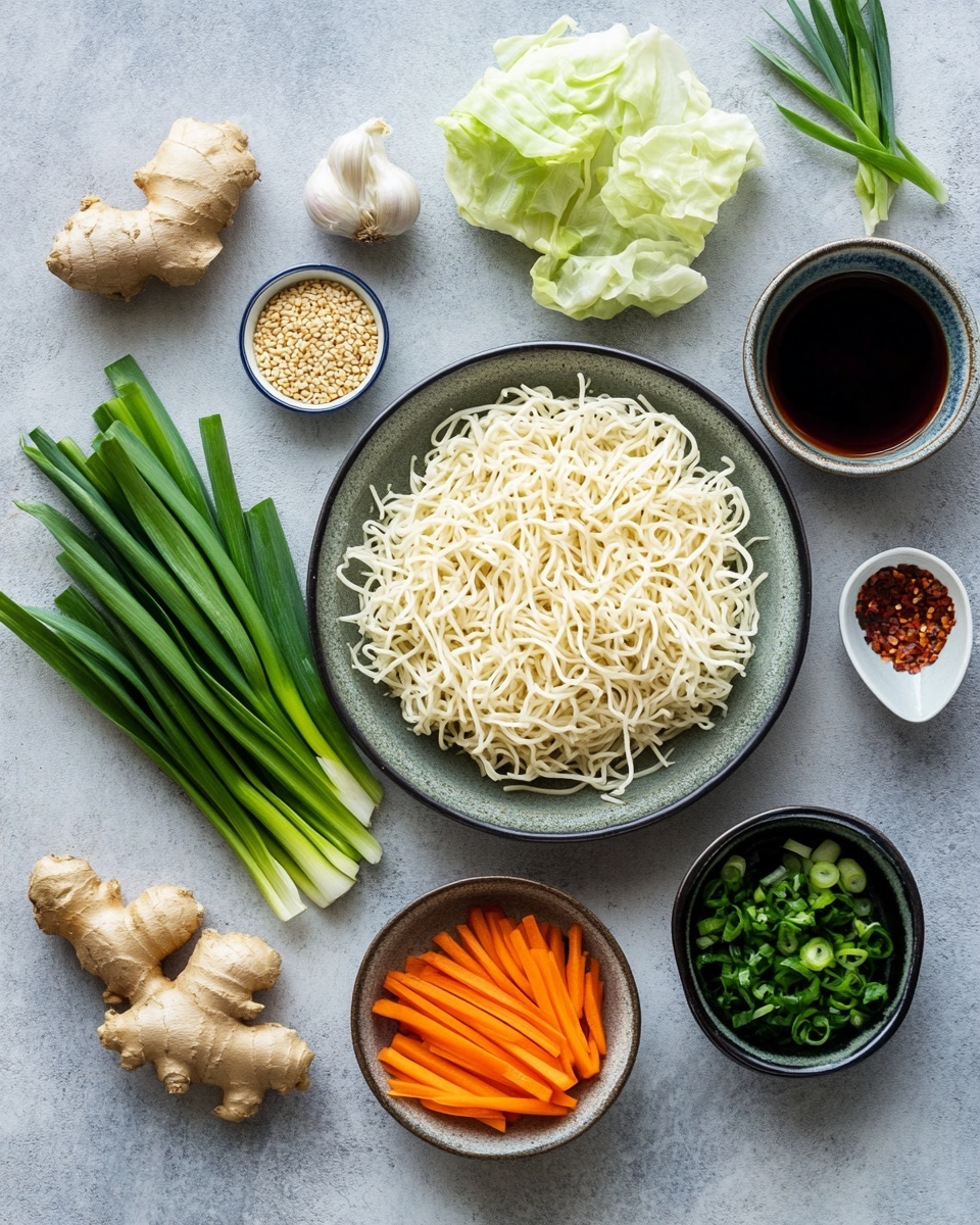 The image shows a white bowl filled with stir-fried noodles that are golden brown and twisted in thick strands, mixed with thin orange carrot strips and light green cabbage pieces. On top, there are glossy, brown slices of cooked meat spread evenly with a shine from sauce, and thin ring slices of bright green spring onions sprinkled all over. The bowl rests on a gray cloth on a white marbled surface, creating a clean and fresh background. photo taken with an iphone --ar 4:5 --v 7
