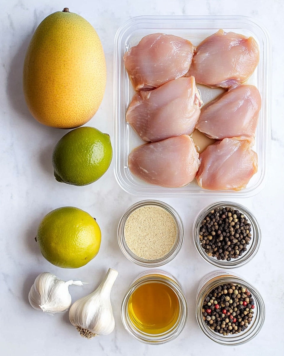 A wooden bowl holds a layered dish starting with a base of white rice. On top, slices of grilled chicken with a reddish glaze lie in the center. Around the chicken, there are fresh slices of green cucumber and avocado, both sprinkled with black pepper and chopped herbs. Bright yellow mango salsa with small red onion pieces and green herbs is piled on top of the chicken. The background is a white marbled surface with some green cilantro and a halved lime nearby. photo taken with an iphone --ar 4:5 --v 7