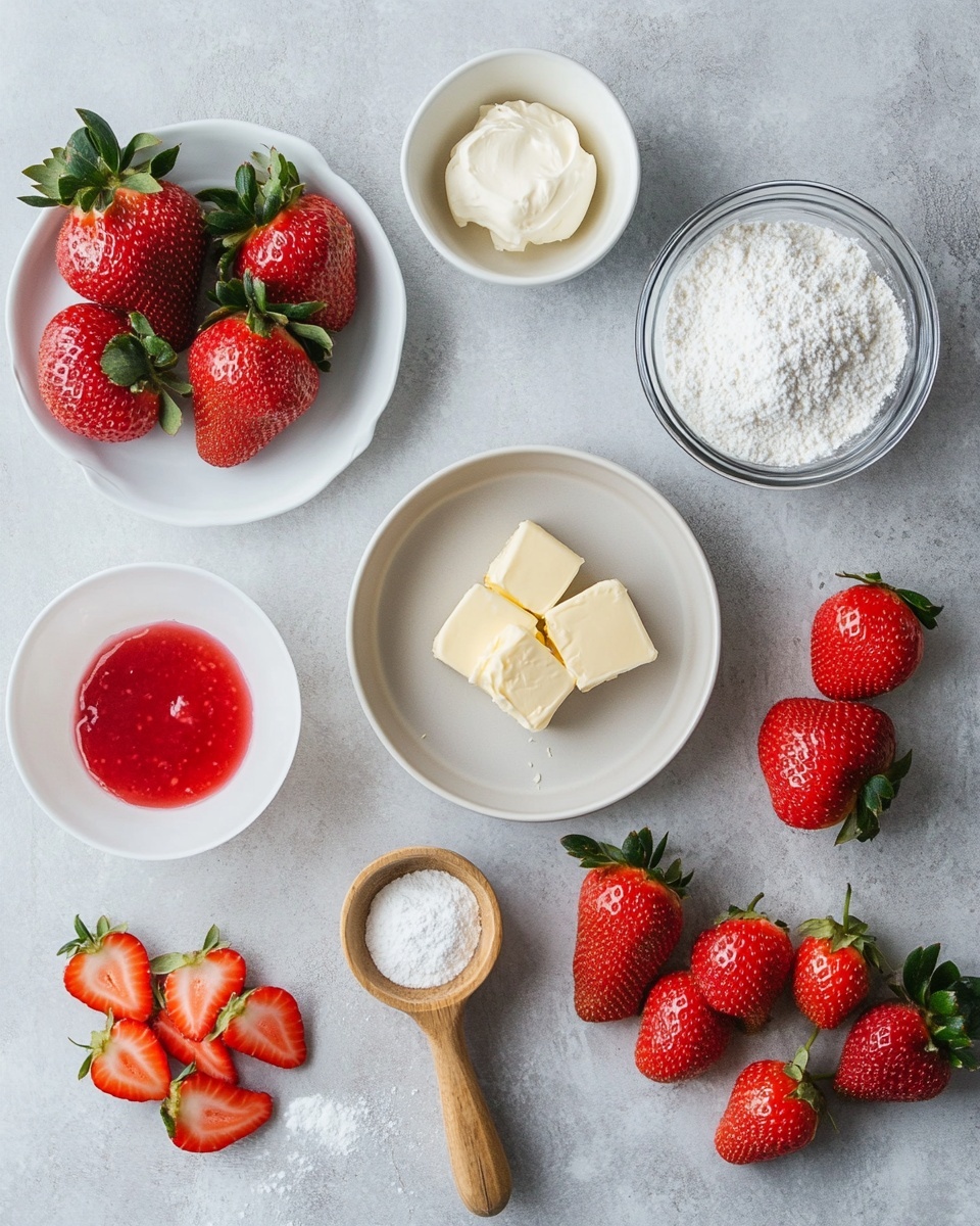 A rectangular glass baking dish holds a golden crumbly cobbler with a slightly cracked top layer. The cobbler has two main layers: the top is a light golden yellow crust with a rough and crumbly texture, and beneath it is a bright red strawberry filling that looks thick and juicy, visible where the wooden spoon is scooping some out from the bottom right corner. On top of the crust near the center lies a fanned fresh red strawberry with its green leaves. A white bowl of whipped cream is to the top right, and a red cloth napkin is partially visible at the bottom left on a white marbled surface. Photo taken with an iphone --ar 4:5 --v 7