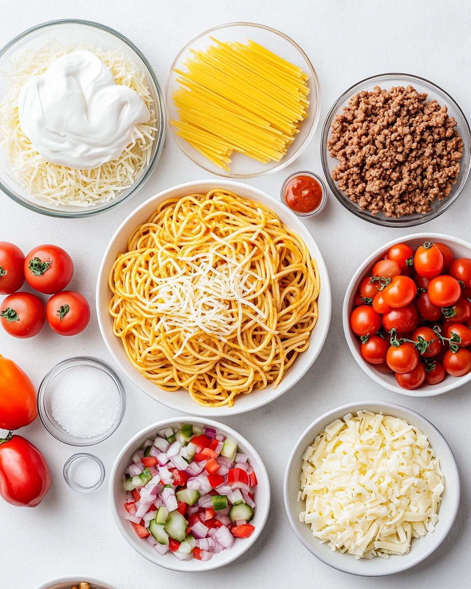 The image shows a layered pasta bake in a white rectangular dish. The bottom layer consists of cooked spaghetti mixed with ground beef and diced red bell peppers, visible at the edges. Above this is a thick layer of melted cheese that is golden and white in some spots, covering the pasta and meat. Scattered on top are fresh diced tomatoes and small green cilantro leaves, adding bright red and green colors. The dish rests on a white marbled surface with parts of a colorful cloth visible in the corner. Photo taken with an iphone --ar 4:5 --v 7