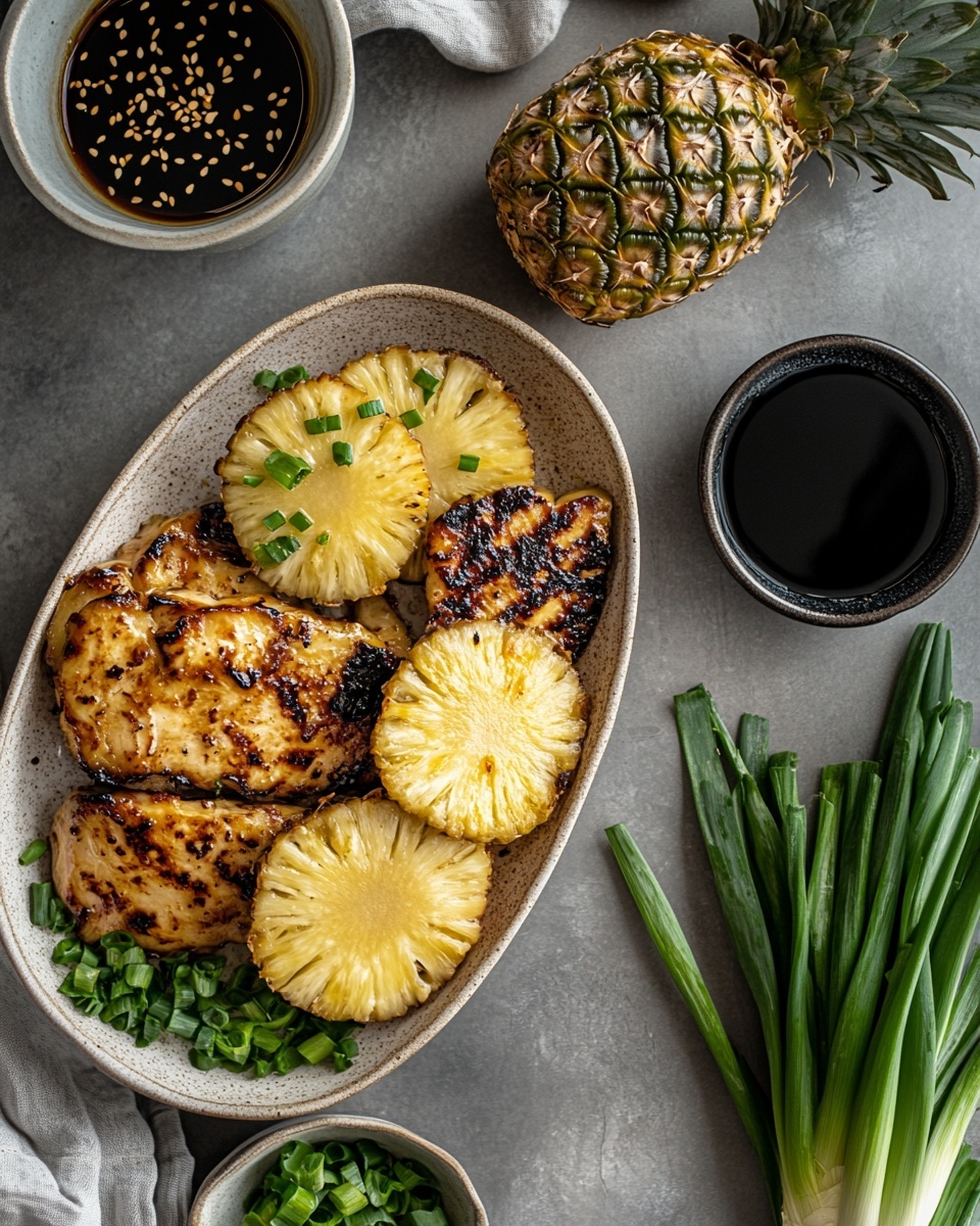 On a white plate on a white marbled surface, there are two grilled chicken pieces placed side by side. The chicken is glazed with a shiny, dark brown sauce that makes them look juicy and covered in small green herbs and some red pepper flakes. Around the chicken, there are slices of grilled pineapple with charred lines and a golden-yellow color, placed neatly in a circular shape near the edge of the plate. The chicken shows clear dark grill marks going across the top, and the sauce gives it a moist, sticky texture. photo taken with an iphone --ar 4:5 --v 7