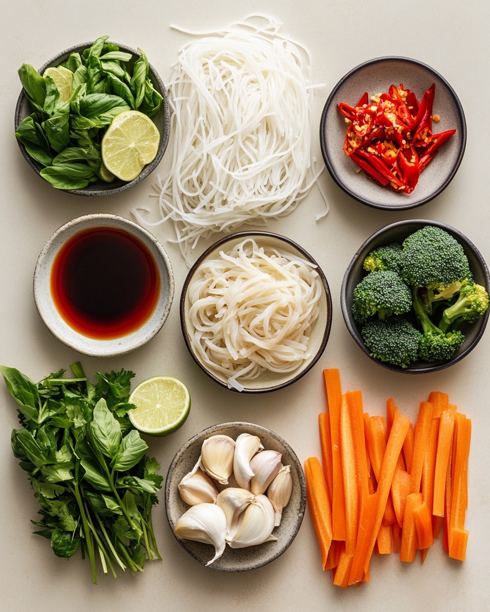 A close-up top view of a dark patterned frying pan filled with wide, flat, light brown noodles mixed with pieces of golden-brown cooked chicken, green broccoli florets, red bell pepper strips, orange carrot strips, and green leafy vegetables. The food looks shiny with sauce coating and steam rising from it. The pan rests on a white marbled surface with a gray cloth nearby. photo taken with an iphone --ar 4:5 --v 7
