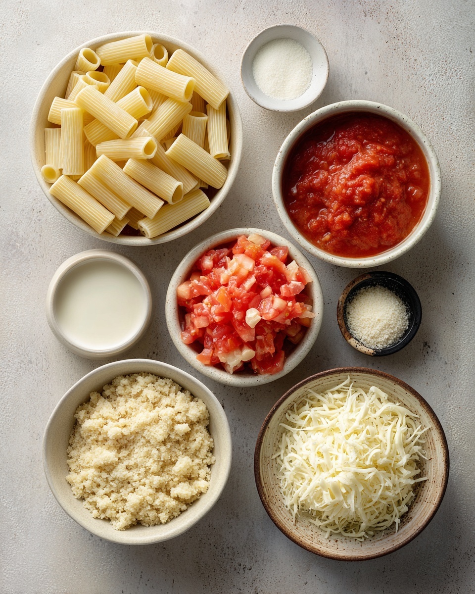 A white plate shows a pasta dish with three clear layers: the bottom layer is yellow pasta sticks spread evenly; the middle layer is a thick orange-red sauce mixed with small chunks of ingredients and coating the pasta; the top layer consists of melted light brown cheese sprinkled with finely grated white cheese, forming a circular patch in the center. The plate rests on a white marbled surface, and a silver fork is placed nearby. Photo taken with an iphone --ar 4:5 --v 7
