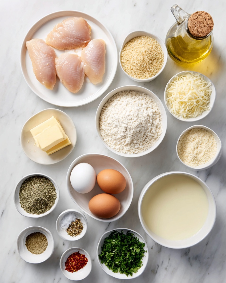 The image shows multiple white bowls and a bottle with cooking ingredients laid out on a white marbled surface. From top left, there is a white plate with four pieces of raw chicken, light pink in color, smooth and plump. Next to it is a white bowl filled with light beige breadcrumbs, textured and coarse. Beside that is a clear bottle with golden-yellow oil and a cork cap. Below, there is a white bowl containing fine white flour, and next to it a bowl with finely shredded white cheese. Toward the right, a small white bowl carries small pale yellow cubed pieces while another holds a yellow stick of butter. In the center, two brown eggs rest in a small white bowl, next to a bowl of white liquid cream. Below, a large white bowl contains a light yellow broth or stock. On the left side, a small white bowl holds mixed spices with black pepper, white salt, and red paprika. Below are two more small white bowls: one with dried herbs in green color and another with chopped fresh green parsley. Everything is arranged neatly and clearly visible. Photo taken with an iphone --ar 4:5 --v 7