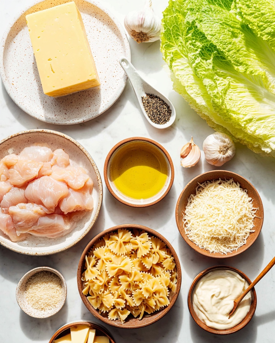 A white bowl filled with a mixed salad shows several layers and textures. The bottom layer is light yellow bowtie pasta, mixed evenly throughout. On top of the pasta are chunks of light brown cooked chicken and bright green romaine lettuce pieces. Scattered among these are small cherry tomato halves with a deep red color. Crispy, golden brown croutons sit on top, adding a crunchy texture. The salad is lightly coated with a creamy white dressing and sprinkled with grated white cheese and a dash of black pepper. A wooden spoon is partially visible on the right side of the bowl against a white marbled surface. Photo taken with an iphone --ar 4:5 --v 7