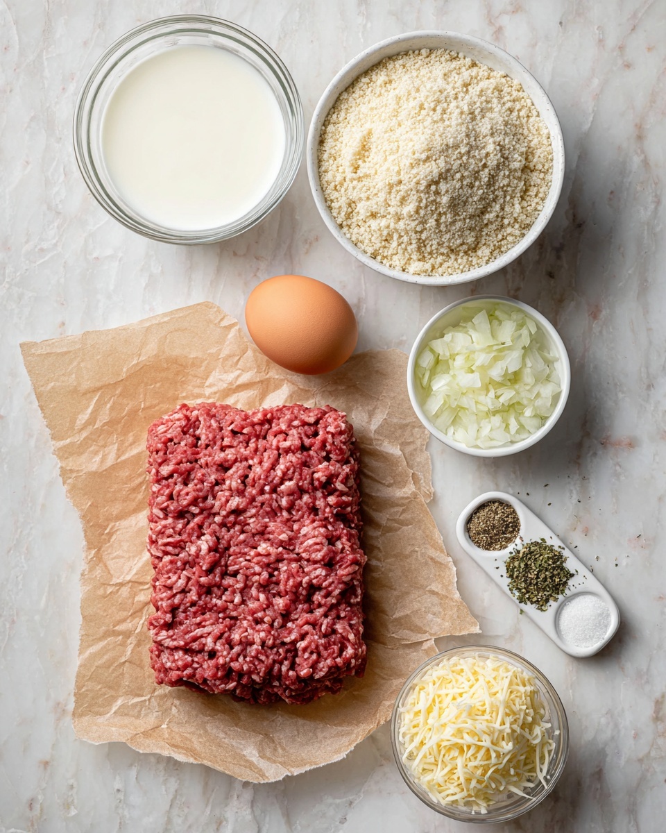 A rectangular pile of raw red ground meat with visible texture sits on torn brown parchment paper in the bottom left. Above it, a clear glass bowl holds a white liquid, likely milk. To the right of the meat, a white bowl is filled with light beige bread crumbs, and above it another smaller white bowl contains finely chopped white onions. Below the bread crumbs, a single brown egg rests on the white marbled surface. Next to the egg on the right, a small white dish displays four sections of seasonings in a clockwise arrangement: dried green herbs, ground black pepper, white salt, and light beige garlic powder. Below, a clear glass bowl of pale yellow grated cheese completes the scene. All items are arranged neatly on a white marbled surface with soft natural light. photo taken with an iphone --ar 4:5 --v 7