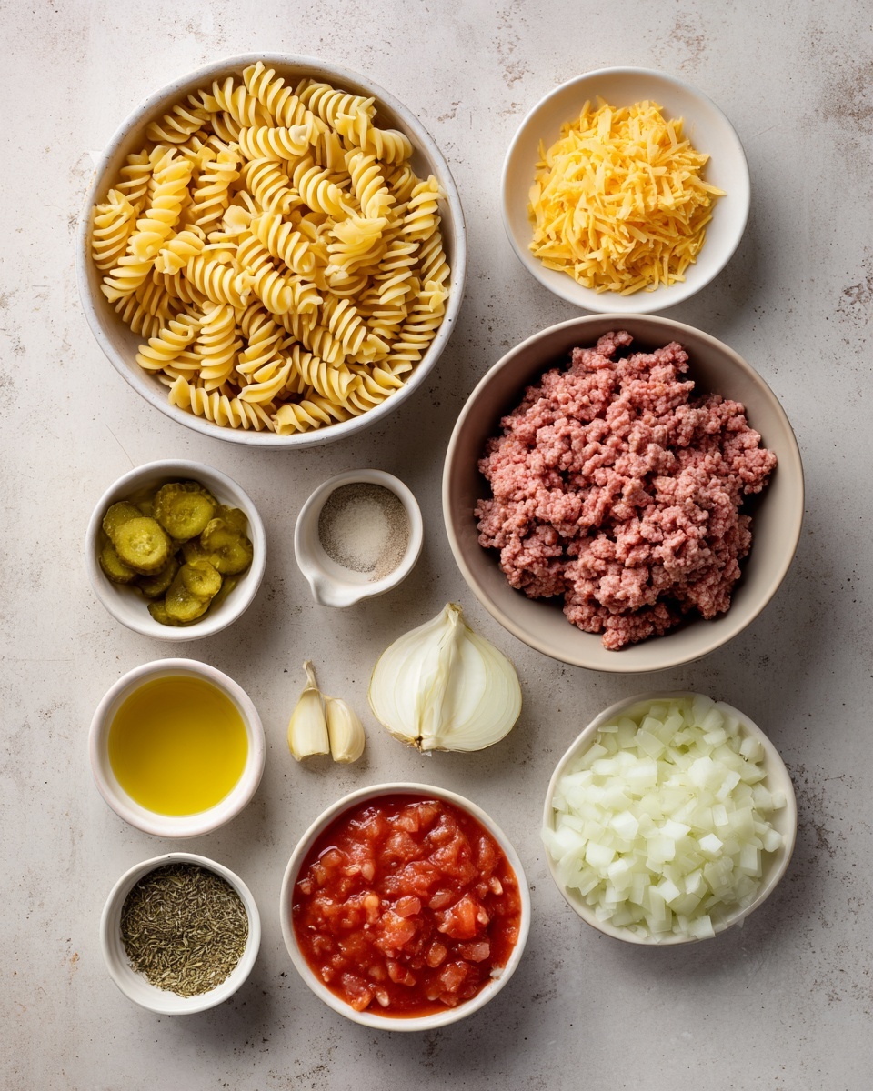 A white oval dish filled with a baked casserole showing three main layers: the bottom layer is a red tomato sauce mixed with browned ground meat and small onion pieces, the middle layer consists of spiral pasta that is orange from the sauce, and the top layer is a thick layer of melted bright orange cheddar cheese with small green herbs and chopped pickles scattered evenly across it. A large silver serving spoon rests on the bottom right corner inside the dish. The dish sits on a white marbled surface with some shredded cheddar cheese and a small white bowl with sliced pickles partially visible near the top left corner. photo taken with an iphone --ar 4:5 --v 7