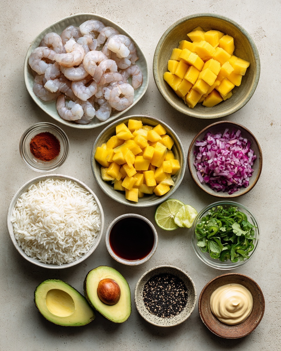 A white bowl filled with a base layer of white rice, topped with four main sections: thinly sliced avocado arranged in a fanned-out pattern on the left, bright yellow diced mango mixed with green herbs and sprinkled with black sesame seeds at the bottom, cooked shrimp with a charred look and lightly coated with a creamy orange sauce on the right, and a small bunch of fresh green cilantro leaves near the top center. The dish is drizzled with the same orange sauce and sprinkled with additional black sesame seeds across the toppings. The bowl is set on a white marbled surface. photo taken with an iphone --ar 4:5 --v 7