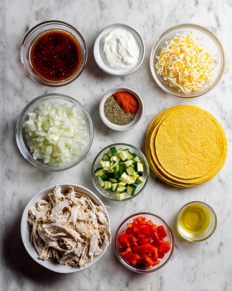 The image shows a collection of ingredients arranged neatly on a white marbled surface. There are nine bowls and one stack of yellow corn tortillas. From top left, a clear glass bowl holds a dark red sauce, next to it a smaller bowl with white sour cream, and another bowl of chopped white onions. Below these, a white bowl contains shredded cheese in white and yellow colors, a small bowl with red chili powder, and a smaller bowl of dried oregano leaves. To the right, a small clear bowl with yellow oil, below it a bowl of chopped red bell peppers, and next to it a bowl of chopped green zucchini. At the bottom left, a white bowl is filled with shredded chicken. At the bottom center, a neat stack of yellow tortillas is placed. The composition is simple and clear, with each ingredient in its own bowl or container, all on a white marbled background. Photo taken with an iphone --ar 4:5 --v 7
